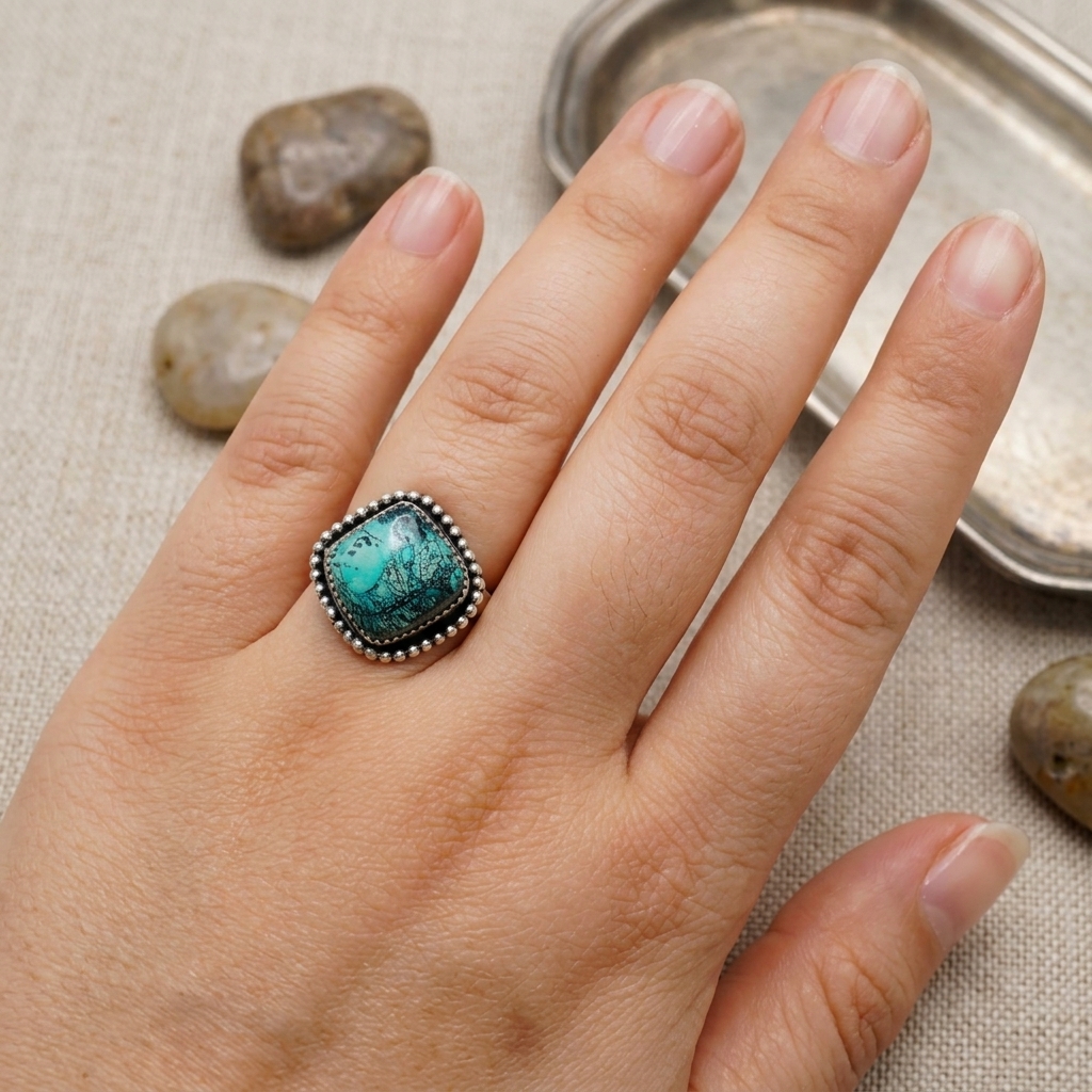 Shattuckite sterling silver ring worn on hand showing scale and design
