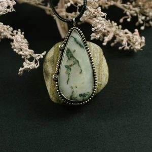 Earthsong Moss — Tree Moss Agate Necklace front view in cool light, sterling silver