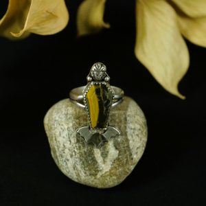 Front view of Imperial Coffin Gothic Coffin Ring in sterling silver with Bumblebee Jasper.