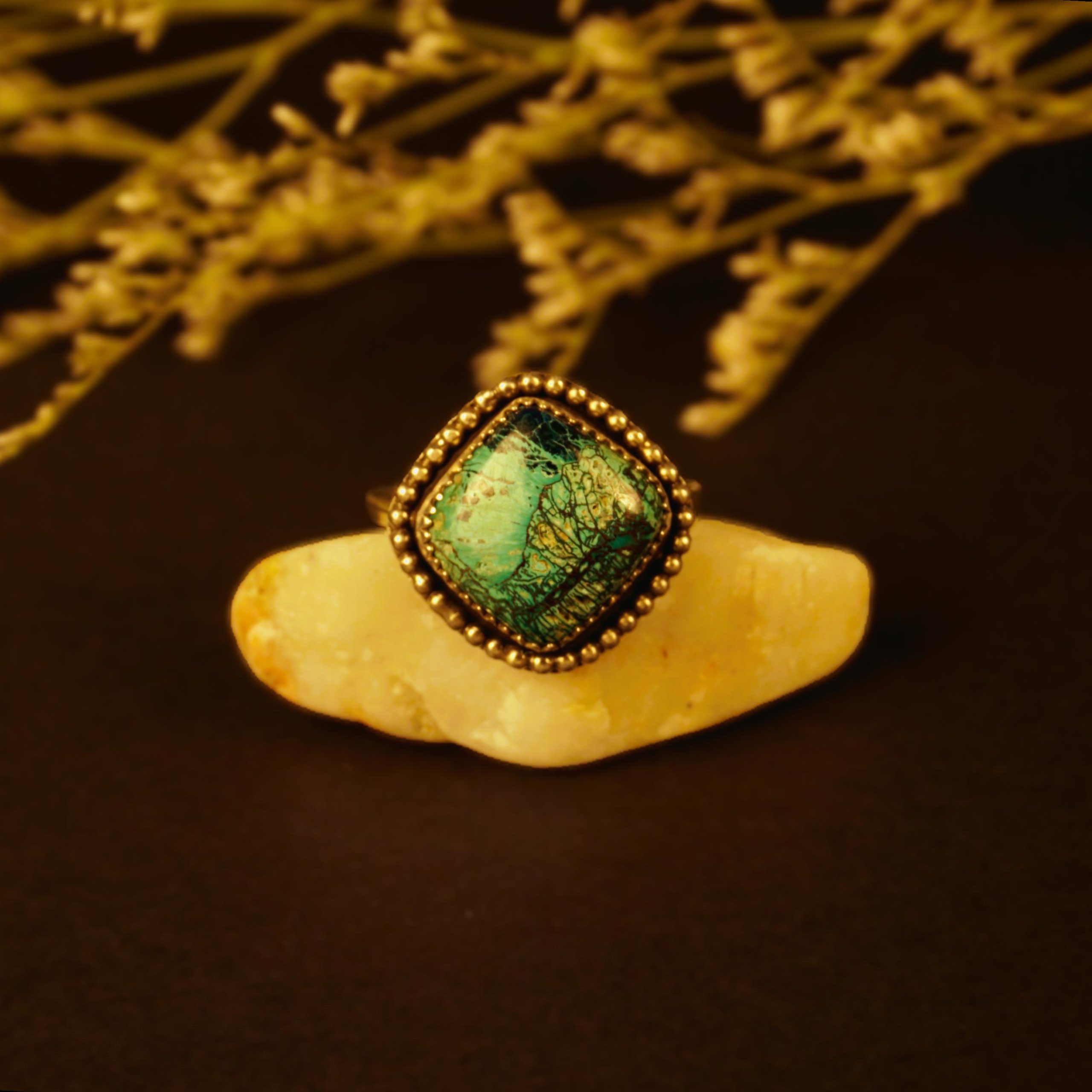 Shattuckite sterling silver ring close up showing natural blue stone inclusions