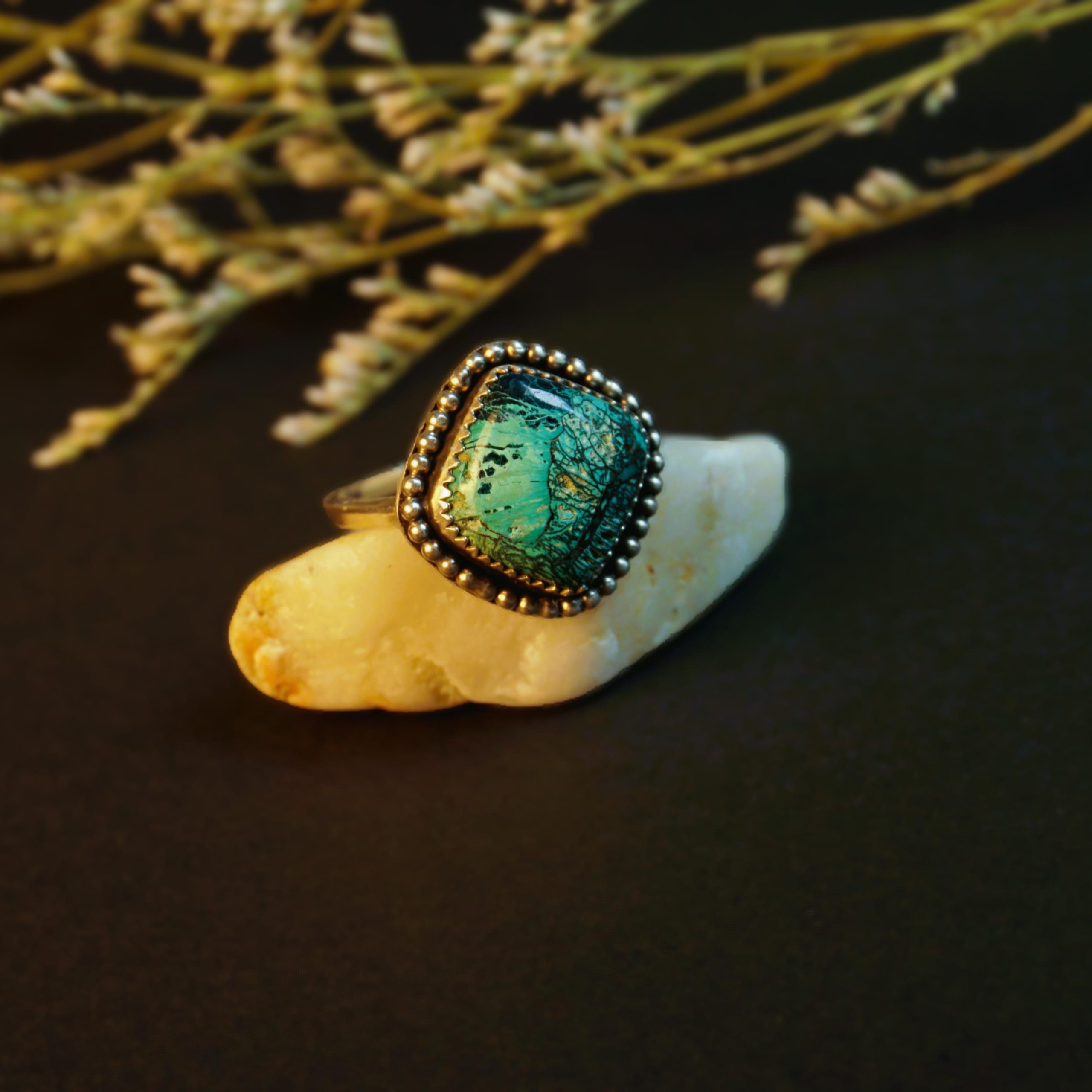 Shattuckite sterling silver ring right side view handcrafted ring