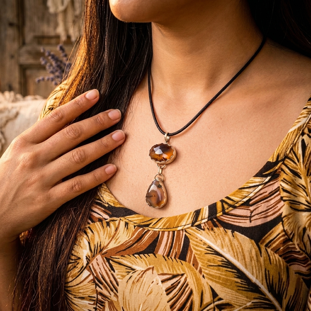 Montana agate pendant worn as a necklace