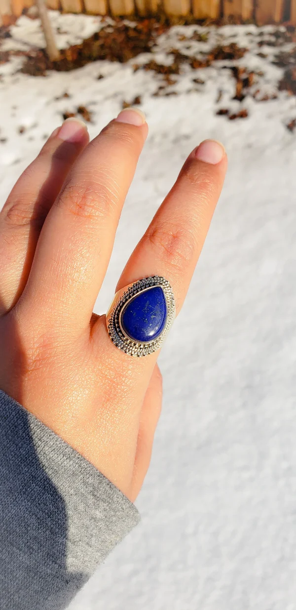 Celestial blue Lapis Lazuli ring with Art Deco design in sterling silver