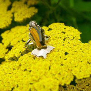 Handmade Gothic Coffin-Shaped Bumblebee Stone Ring in Sterling Silver with Bat Motif