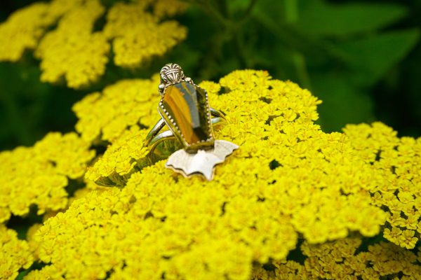 Handmade Gothic Coffin-Shaped Bumblebee Stone Ring in Sterling Silver with Bat Motif