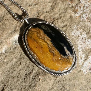 Handcrafted Palm Root Agate pendant in sterling silver with earthy brown and black brushstroke patterns, featuring a unique pumpkin-inspired cutout on the back