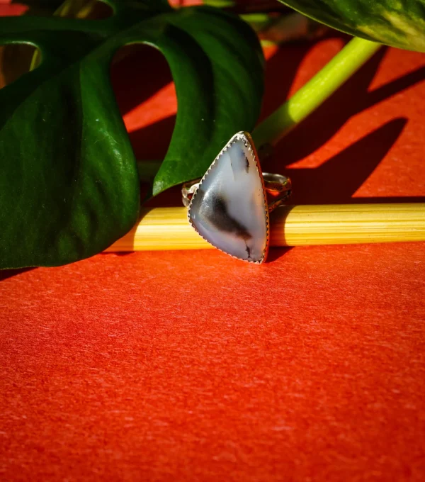 Handcrafted Montana Agate ring set in sterling silver with swirling whitish-grey and black patterns, featuring a unique fish-shaped window on the back for direct skin contact.