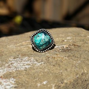 Handcrafted sterling silver Shattuckite ring with blue and green gemstone and triangular band