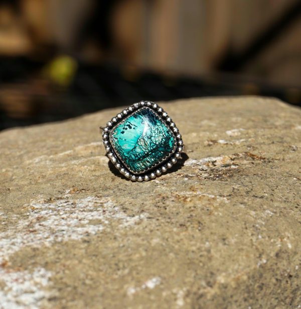 Handcrafted sterling silver Shattuckite ring with blue and green gemstone and triangular band