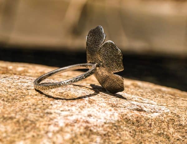Right-side angled view of the handmade Silverflower ring