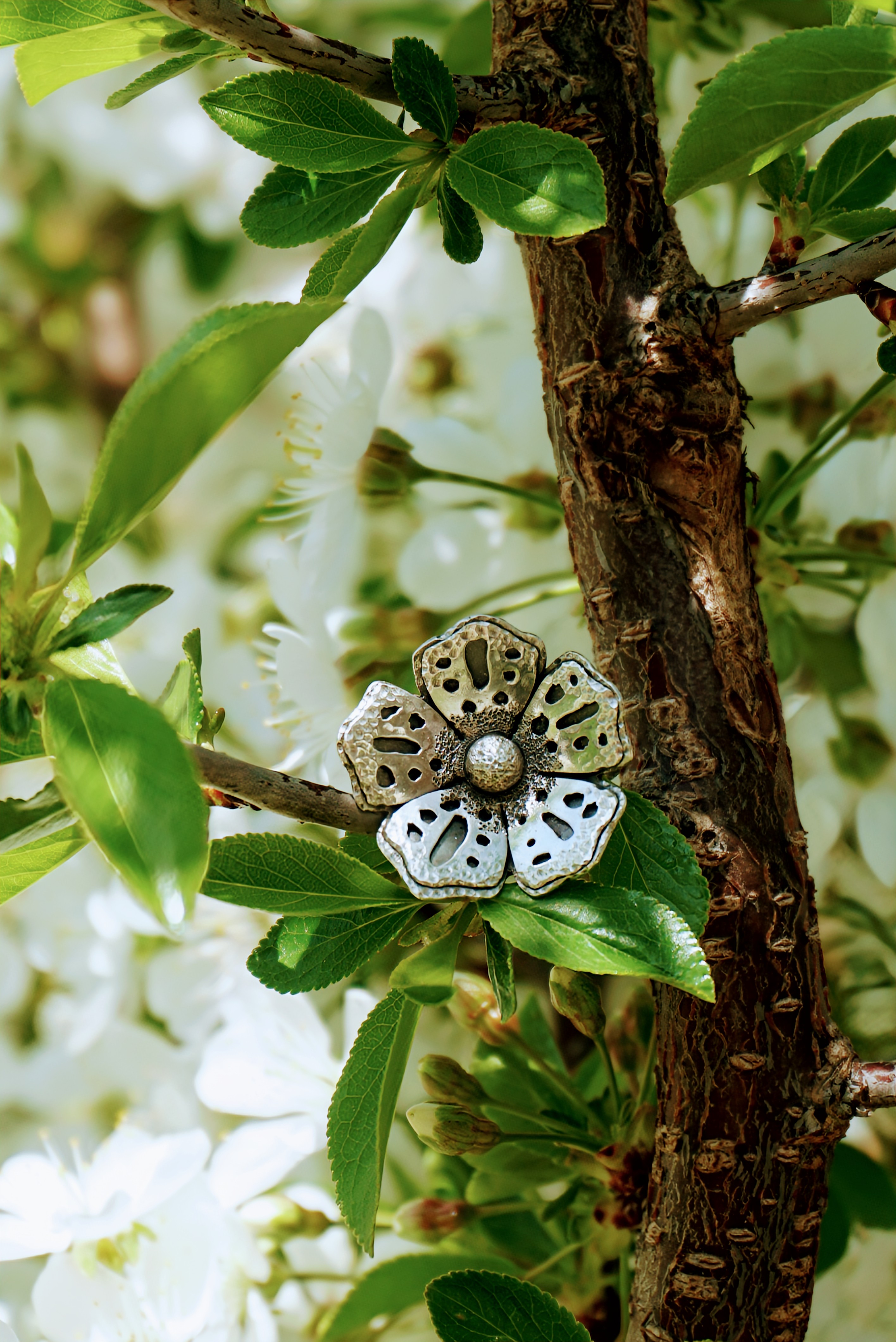 Flower ring resting on a branch with leaves, wider shot from the front