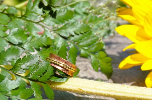 Side view of brass spinners on copper rings