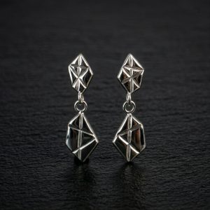 Sterling silver geometric drop earrings front view studio shot, handcrafted minimalist jewelry
