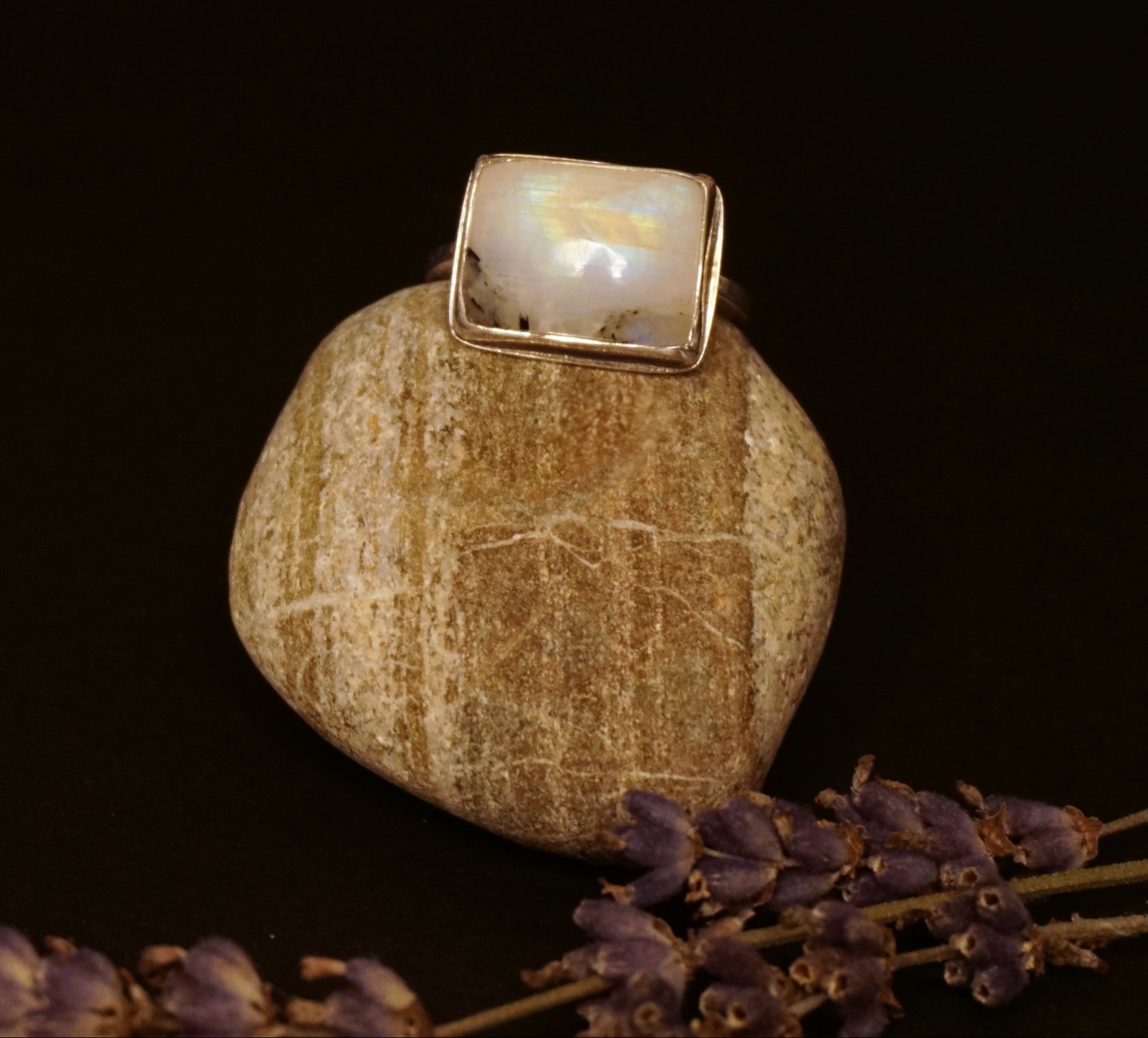 Square moonstone silver ring, front view