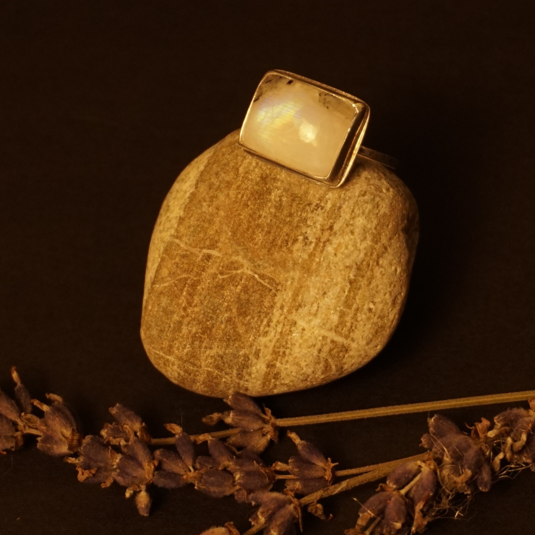 Square moonstone silver ring, left angle view