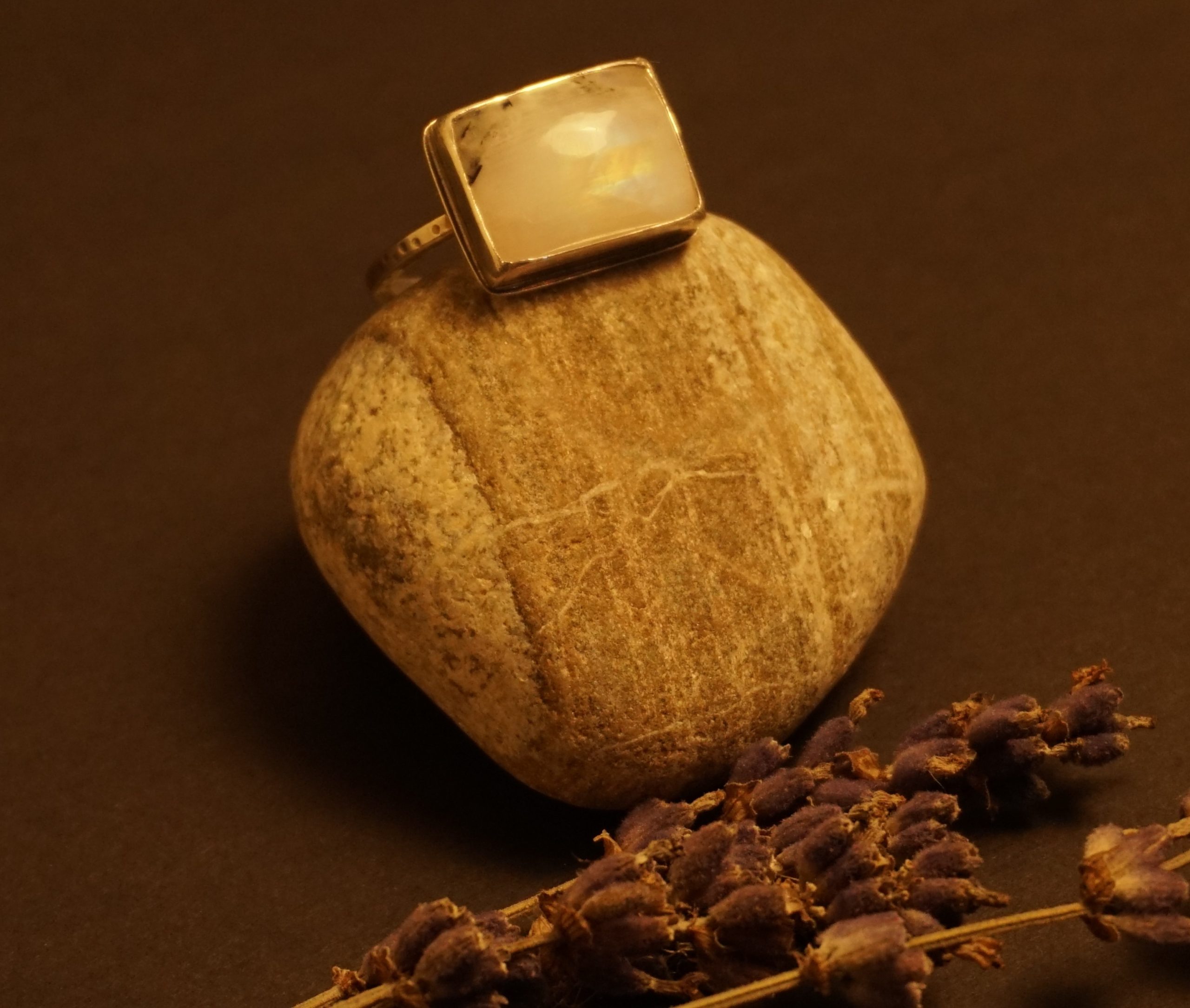 Square moonstone silver ring, right angle view