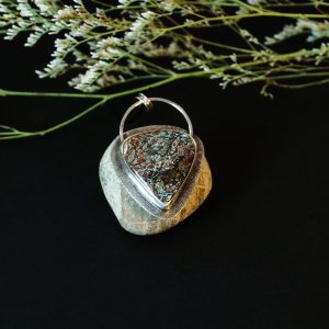 chrysocolla cuprite sterling silver pendant with triangular blue and red stone front view